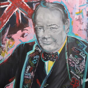 Modernising the historical iconic figure Prime Minister, Winston Churchill by adding graffiti and finishing it with a pallet knife giving it the rough texture.
