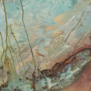 "This work is inspired by the gulf," explains artist Fernando Bosch, "a crater that is at sea level with a turquoise blue lagoon - a color acquired by the algae that inhabit its surface." A heavily textured, layered composition mixing swirls and splashes of earthy red and orange, green and turquoise.
