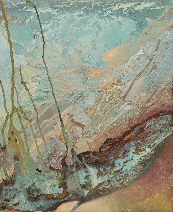 "This work is inspired by the gulf," explains artist Fernando Bosch, "a crater that is at sea level with a turquoise blue lagoon - a color acquired by the algae that inhabit its surface." A heavily textured, layered composition mixing swirls and splashes of earthy red and orange, green and turquoise.