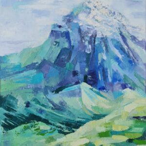 lonely mountain snow peak painting irina taneva art interior blue home decor green white original oil canvas internationally selling artist